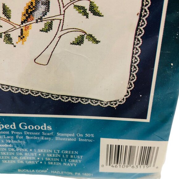 New Bucilla Stamped Cross Stitch Sparrow in Tree Special Edition Dresser Scarf - Picture 5 of 6